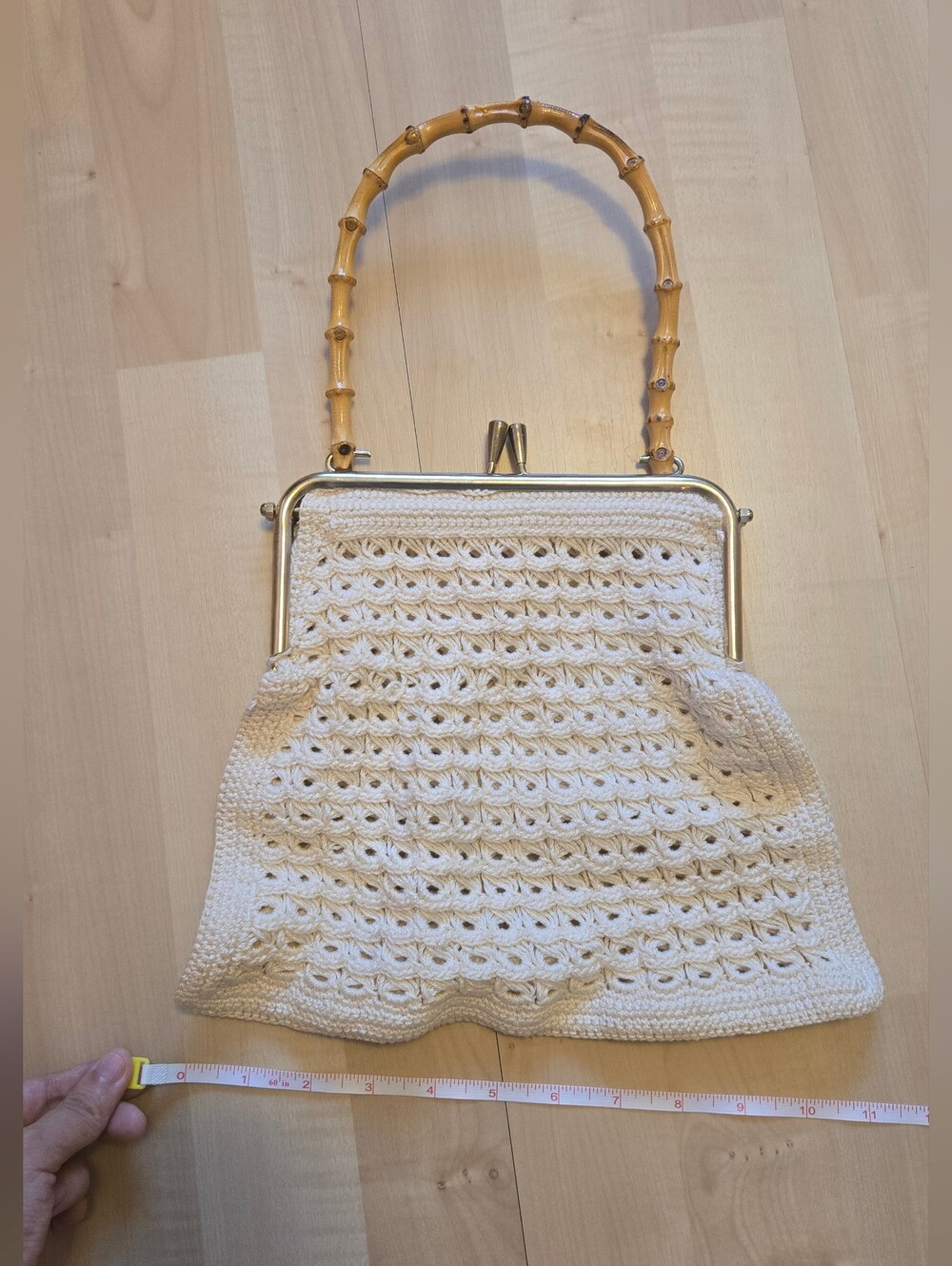 Vintage Cream Crochet Bamboo-Handle Handbag